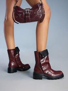 CUCCOO GRLICON 女士时尚百搭粗跟踝靴 - 酒紅色 - 查看 4