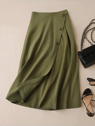 Airaco Women's Casual Solid Color Side Slit Skirt