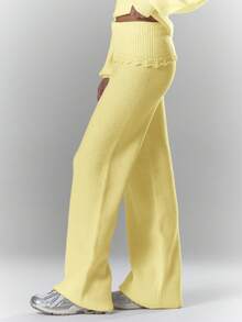MUSERA Rib Knit Crochet Detail Foldover Waistband Wide Leg Trousers Bottom Only Cosy Cute Casual Coffee Club Chic Spring Y2k Pants - Yellow - View 3