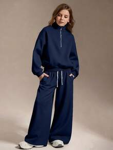 SHEIN 少女四分之一拉链宽松卫衣和宽松运动裤套装，返校季、秋冬季、舒适秋季、圣诞节、可爱休闲日常胶囊衣橱、Y2K街头风，灰色 - 藏蓝色 - 查看 6
