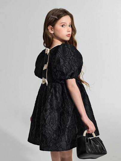 Maija Kids Maija Kids 少女提花撞色圆领泡泡袖优雅连衣裙