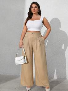 Vionelle 大码女式优雅法式休闲纯色长裤，秋冬季 - 杏色 - 查看 5