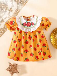 SHEIN Đầm ngắn tay bồng màu cam in họa tiết hoa hồng phối ren trắng cho bé gái sơ sinh, kiểu dáng mùa hè mới, thích hợp cho tiệc tùng, họp mặt, dạ hội và mặc hàng ngày. - Màu vàng - Xem 2