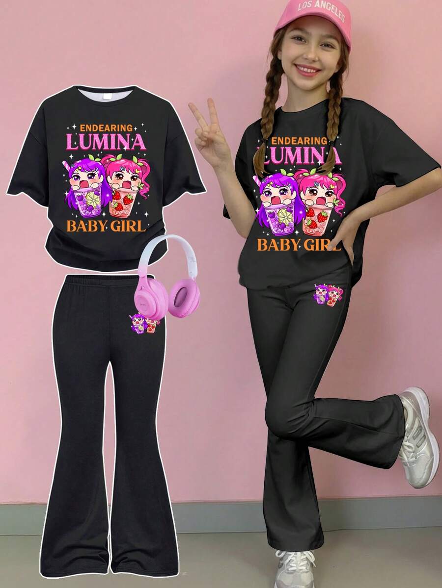 少女休闲时尚街头风可爱卡通动漫女团图案，萌系动漫K-POP短袖T恤和裤子两件套，适合夏季穿着 - 彩色 - 查看 1