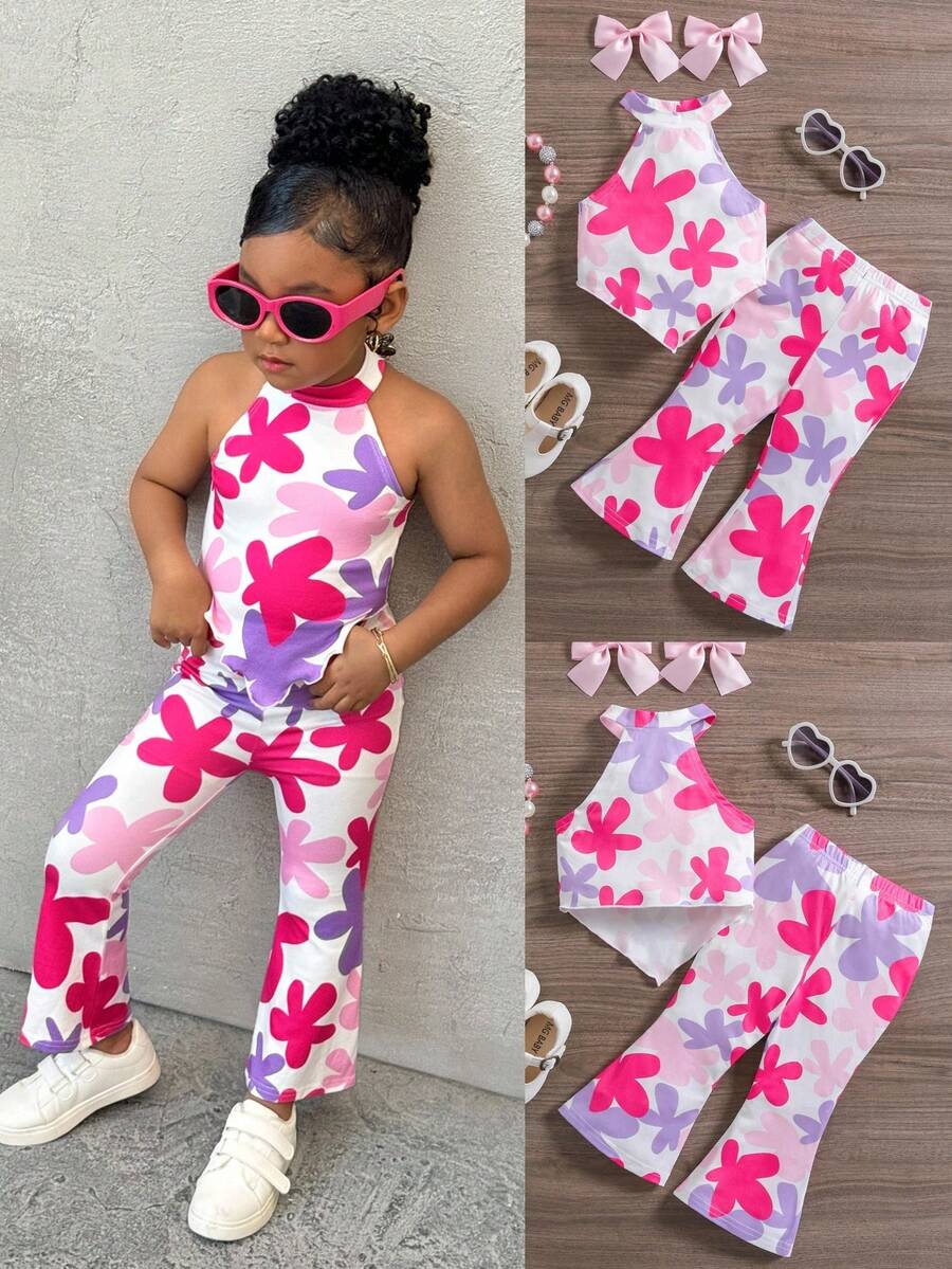 2pcs/Set Young Girl Casual Floral Print Halter Crop Top And Flare Pants Outfit