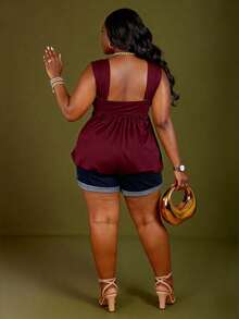 CurvyTilda Áo len dệt kim Babydoll xoắn phía trước màu đen cỡ lớn dành cho nữ, phong cách Y2K, thích hợp cho mùa tốt nghiệp/trở lại trường, áo dễ thương mùa hè - Màu Đỏ Sâu - Xem 2