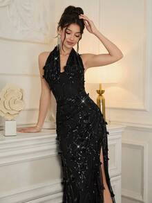 Poshira 奢华亮片正式礼服，高端优雅派对礼服 - 黑色 - 查看 5