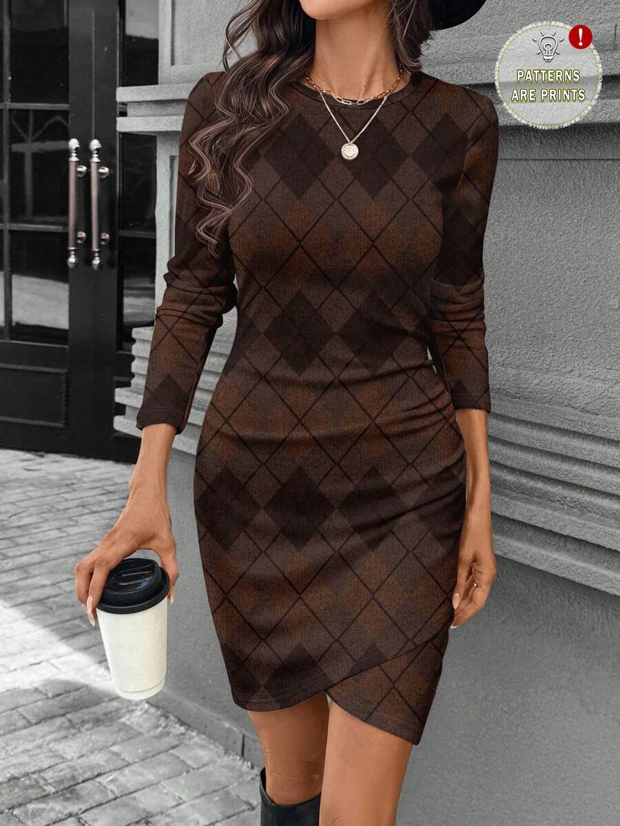 SHEIN LUNE Casual Autumn Long Sleeve Fitted Waist Ruched Elegant Retro Plaid Mini Dress For Women, Suitable For Autumn/Winter Coffee Brown Dress Long Sleeve Elegant Dress Brown Elegant Dress Women - Multicolor - View 1