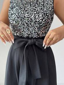 SHEIN Raffinéa 法式优雅假日连体裤，透明亮片拼接，后拉链开合；腰部织物腰带，泡泡袖褶皱设计，阔腿裤 - 酒紅色 - 查看 6