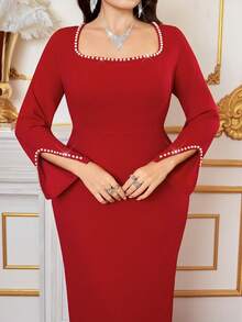 Reflora 大码方领百搭显瘦珍珠点缀红色长袖连衣裙 - 紅色 - 查看 6