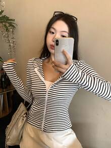 DAZY Women's Striped Long Sleeve Zip-Up Hoodie Casual T-Shirt - White - View 5