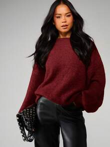 MISSGUIDED 宽松厚实针织套头衫，落肩设计，采用质感蓬松的毛线，适合冬季保暖叠穿。 - 酒紅色 - 查看 1