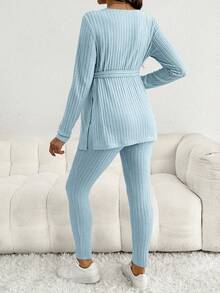 SHEIN 孕妇休闲纯色侧开衩上衣和裤子两件套 - 淺藍色 - 查看 2
