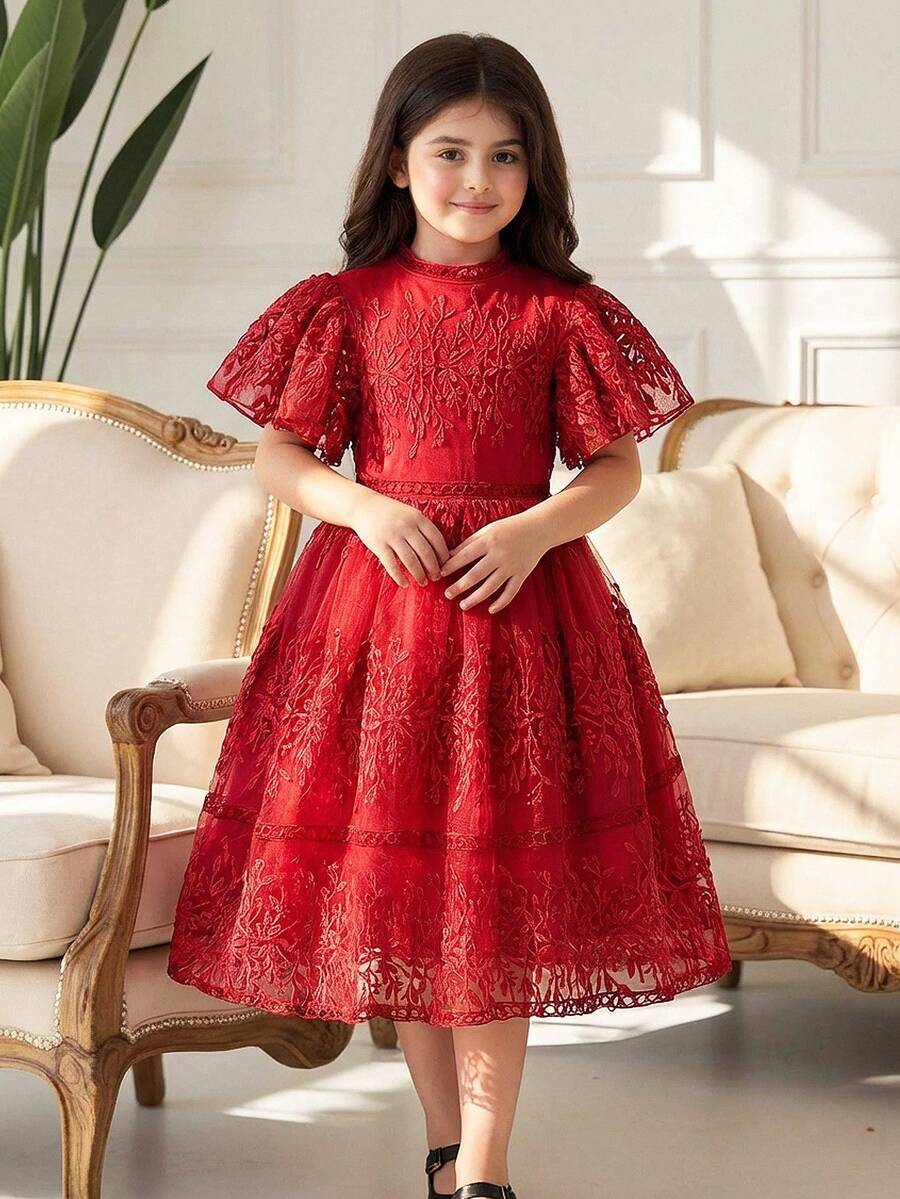 SHEIN Tween Girls' Elegant Lace Party Birthday Princess Dress - Red - View 1