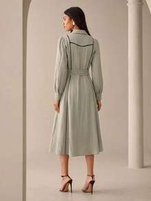 Lilora 女士优雅无袖系带花卉刺绣衬衫，适合休闲、办公、派对等场合穿着，都市风格，女士休闲通勤衬衫裙，都市休闲，浪漫优雅，外出穿着 - 卡其色 - 查看 2