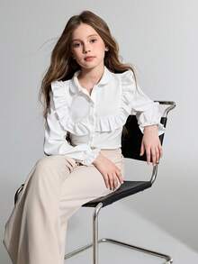 Ontre Tween Girl Woven White Ruffle Trim Long Sleeve Shirt And Pants Casual Outfit - Apricot - View 6