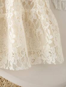 1pc Girls Summer New Collared Lace Trim Front Bow Tie Waist Elastic Lace Fabric Elegant Versatile Casual Dress, Suitable For Daily, Commute, Vacation, Birthday Floral Pattern Lace Dress Toddler Girl Cream Dress Ivory Kids Dress Young Girl Lace Dress Cream Dresses For Girls - Apricot - View 7