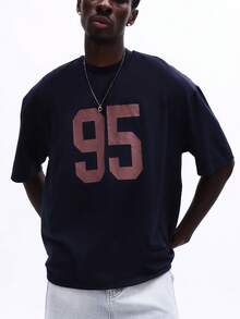 SUMWON Boxy Fit Crew Neck Short Sleeve T-Shirt With Number 95 Graphic Print Casual Streetwear Style Cotton Tee