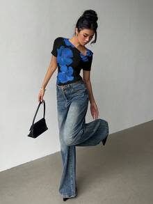 Siren Gaze 女士休闲优雅不对称领口褶皱修身短袖T恤，适合夏季穿着 - 黑色 - 查看 6