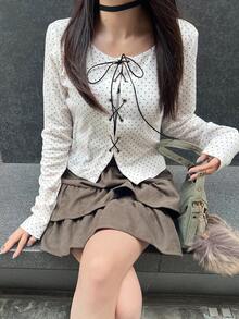 FRIFUL 女士圆领波点修身前襟交叉系带休闲T恤，白色波点上衣 - 白色 - 查看 1