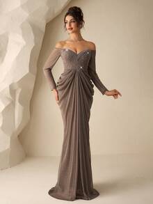 Coutiva 优雅的亮片珍珠装饰露肩露背长袖礼服（奢华华丽的礼服），配有褶裥裙摆；适合婚礼宾客、毕业典礼和生日派对的正式晚礼服。 - 棕色 - 查看 8