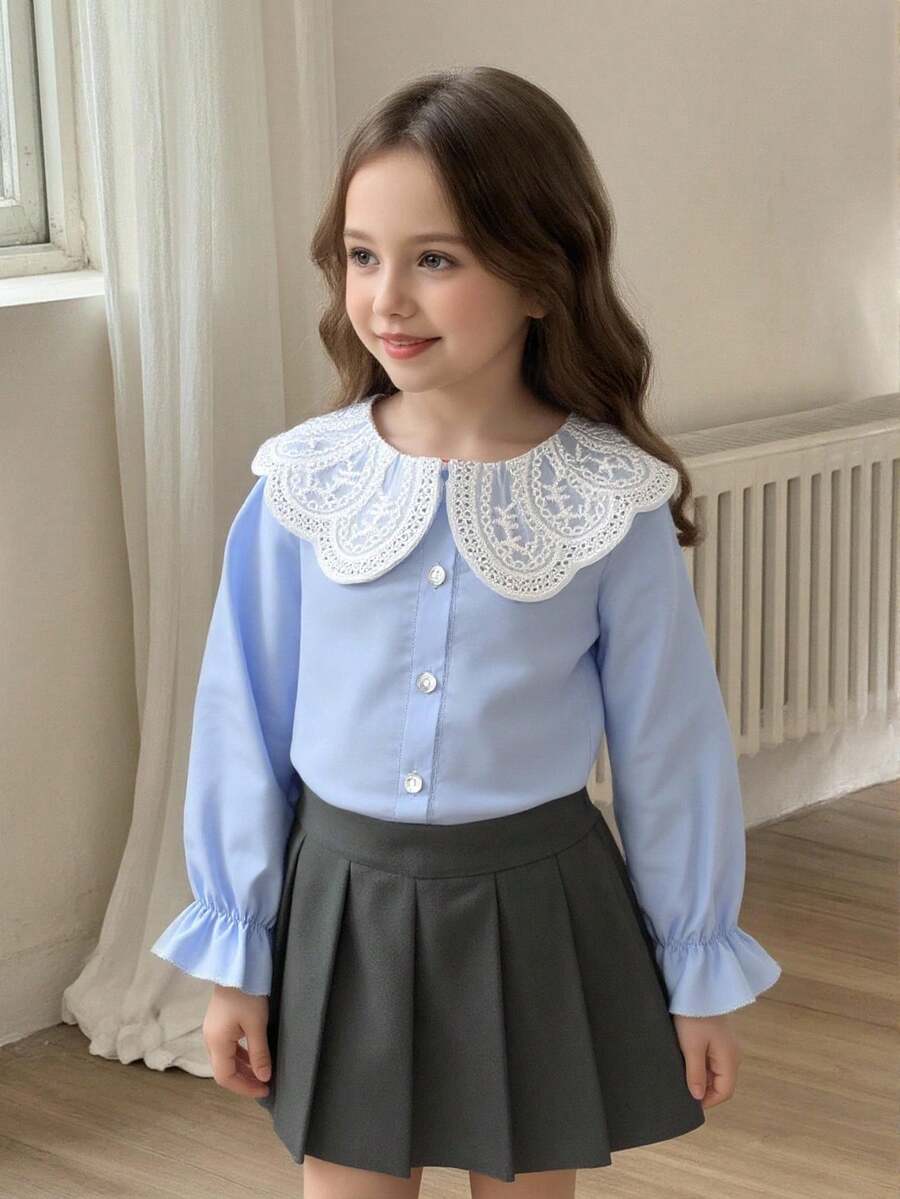 Elladie kids 新款时尚甜美蕾丝领白色长袖女式衬衫，百搭内搭 - 淺藍色 - 查看 1