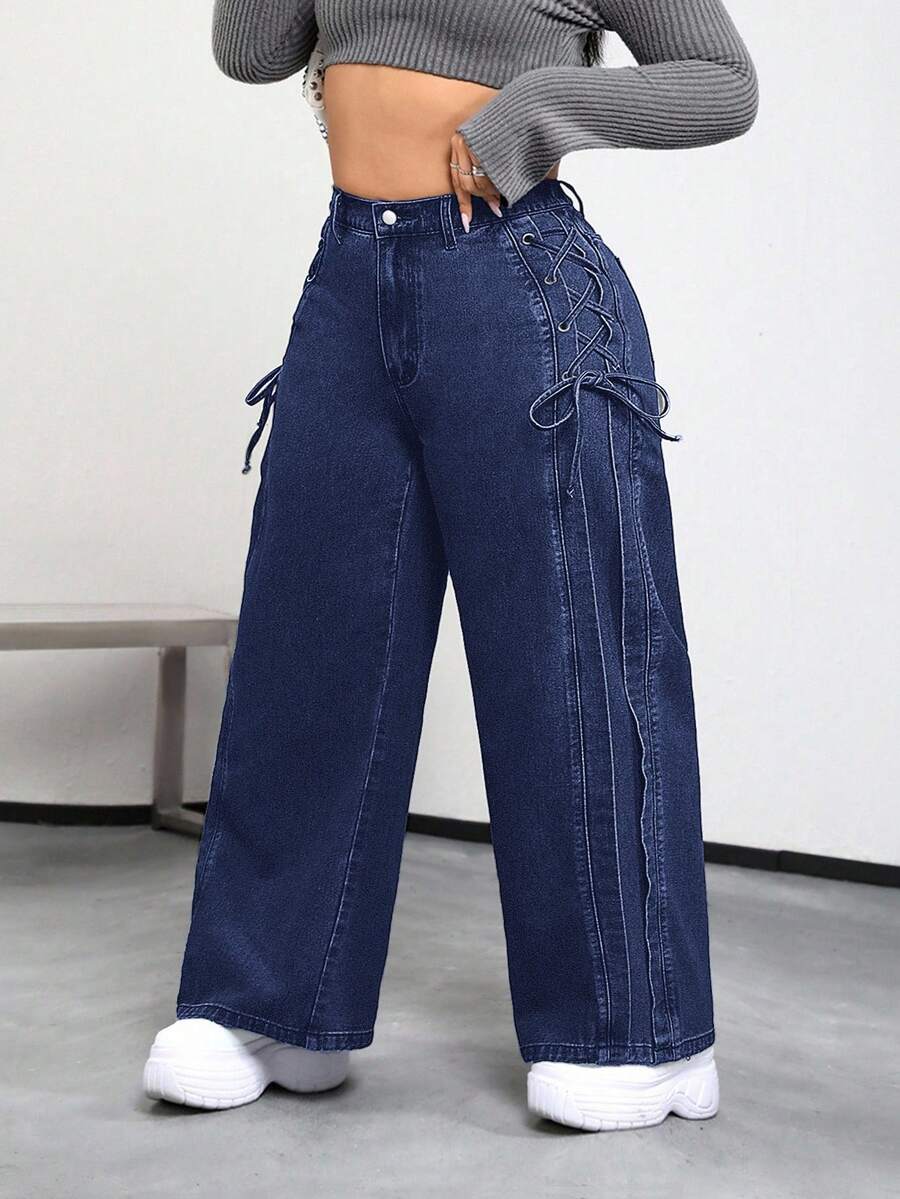 SHEIN PETITE CURVE Quần jeans cạp chéo dáng rộng, chất liệu wash, kiểu dáng thường ngày. - Rửa tối - Xem 1