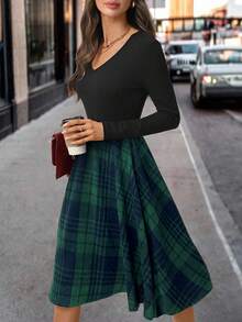 SHEIN Clasi Women's Elegant Red & Black Plaid Print A-Line Dress, Autumn/Winter Clothingelegantcasualgraphic - Dark Green - View 6