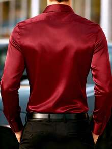 Manfinity Mode Herren Strukturiertes Design Lässig Business Langarmhemd - Bordeaux - Übersicht 2