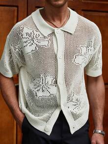 Manfinity Homme 男士纯色落肩短袖休闲镂空前襟纽扣针织衫 男士钩针衬衫 男士开襟针织衫 男士网眼衬衫 男士度假风渔网衬衫 男士蕾丝衬衫 男士网眼衬衫 男士钩针衬衫 - 杏色 - 查看 5