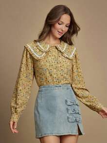 WESTFADE Áo cánh tay dài cổ Peter Pan xếp nếp hai lớp họa tiết nơ hoa, sọc ngang, cài nút phía trước - Màu vàng - Xem 5