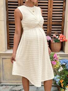 SHEIN Đầm cho bà bầu màu trơn cổ tròn thiết kế xoắn, kiểu dáng thường ngày, thích hợp cho con bú. - Màu be - Xem 7