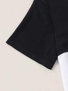2pcs Tween Boy Black And White Patchwork Top And Shorts Set,College Style Summer Casual City Break Outfit For School,Commuting,Daily Wear And Sports - Black and White - View 8