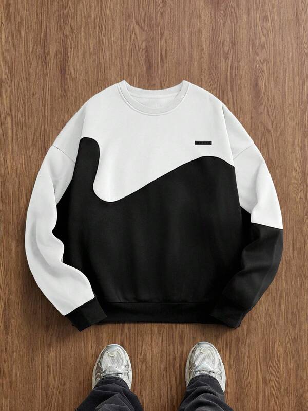 EASEVO Plus Size Men's Casual Crew Neck Pullover Sweatshirt, Solid Color Patchwork Contrast Color Graphic Sweatshirt Black And White Sweatshirt Color Block Sweatshirt