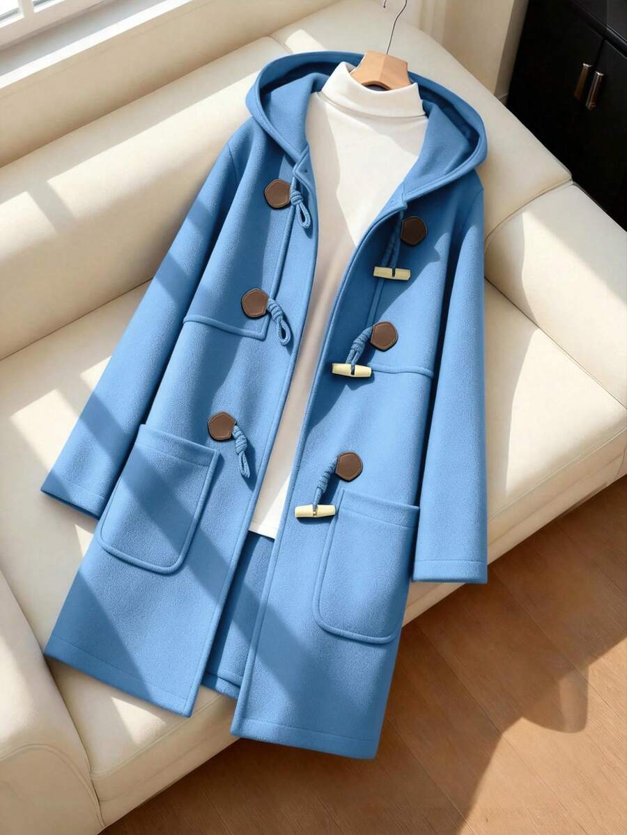 GlowEve CURVE 大码女式连帽双排扣长款羊毛混纺大衣 - 淺藍色 - 查看 1