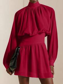 SHEIN Veneréa Autumn New Ruffled Hem Printed Long Sleeve Waist Cinched Mini Dress