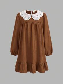 SHEIN Tween Girl Corduroy Patchwork Lace Peter Pan Collar Long Sleeve Dress,Elegant Brown And White A-Line Cake Dress For Autumn Tea Party,Back-To-School - Rust Brown - View 5