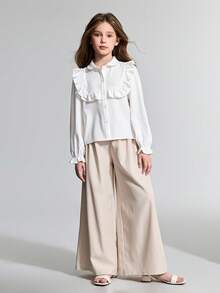 Ontre Tween Girl Woven White Ruffle Trim Long Sleeve Shirt And Pants Casual Outfit - Apricot - View 3