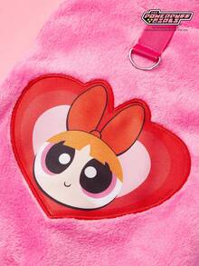 THE POWERPUFF GIRLS X PETSIN 1件绣花大眼女孩爱宠物猫狗通用保暖舒适无袖外套，配玫瑰红牵引扣，秋冬加厚绒毛外套