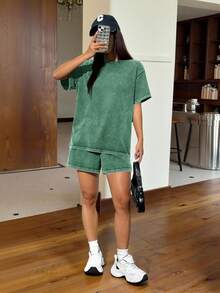 SHEIN EZwear 2pcs/Set Summer Knit Green Women Distressed T-Shirt And Shorts Set - Green - View 4