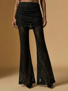 Briarwyn Winter Women's Fashionable Elegant Party Lace Semi-Sheer Flare Pants Suitable For Evening Date, Party,Holiday Night Out,Romantic Date, Gathering,New Year,Old Money Style - Black - View 2