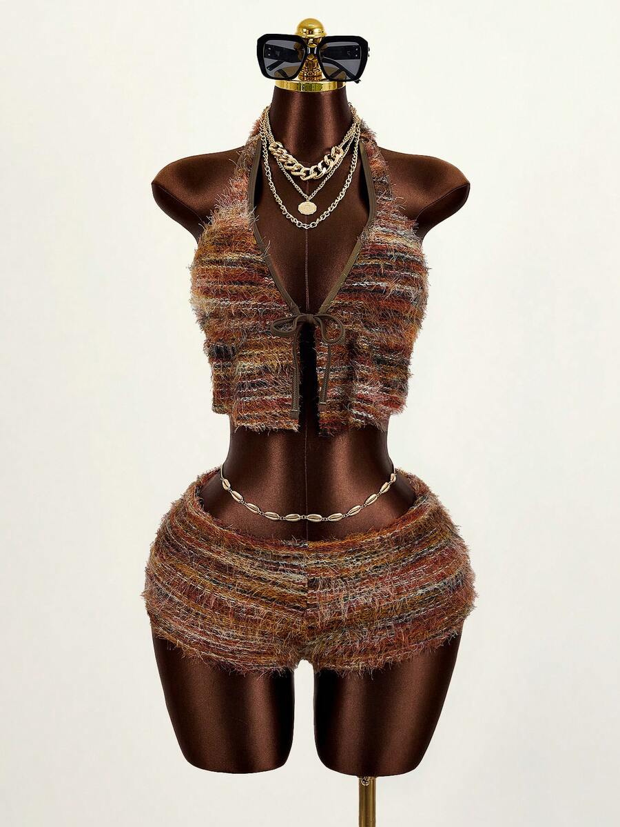 Zestiva High-Selling Beach Vacation Casual Halter Neck Tie-Up 2 Pieces Set, Spring/Summer, Christmas Outfits, New Year Outfits - Multicolor - View 1