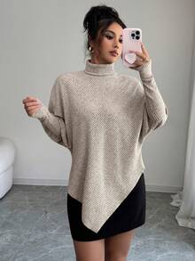 Elenzga Elegant Design Asymmetrical Hem Faux Knit Fuzzy Ribbed Turtleneck Versatile Women's T-Shirt - Khaki - View 4