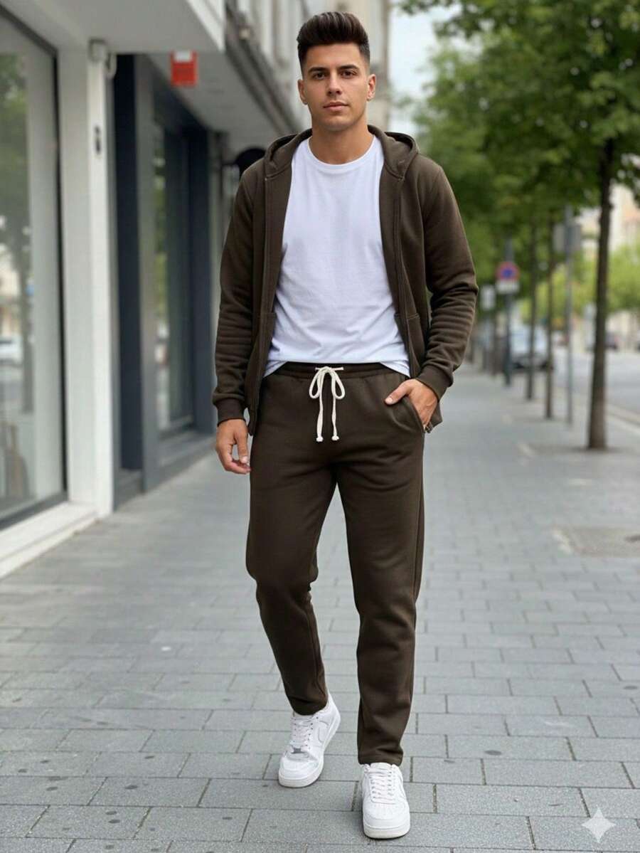 Coordinado Casual para Caballero de Dos Piezas con Sudadera con Capucha y Pantalón Ajustable, Ideal para Uso Diario, Actividades y Estilo Urbano Moderno - Café integral - Ver 1