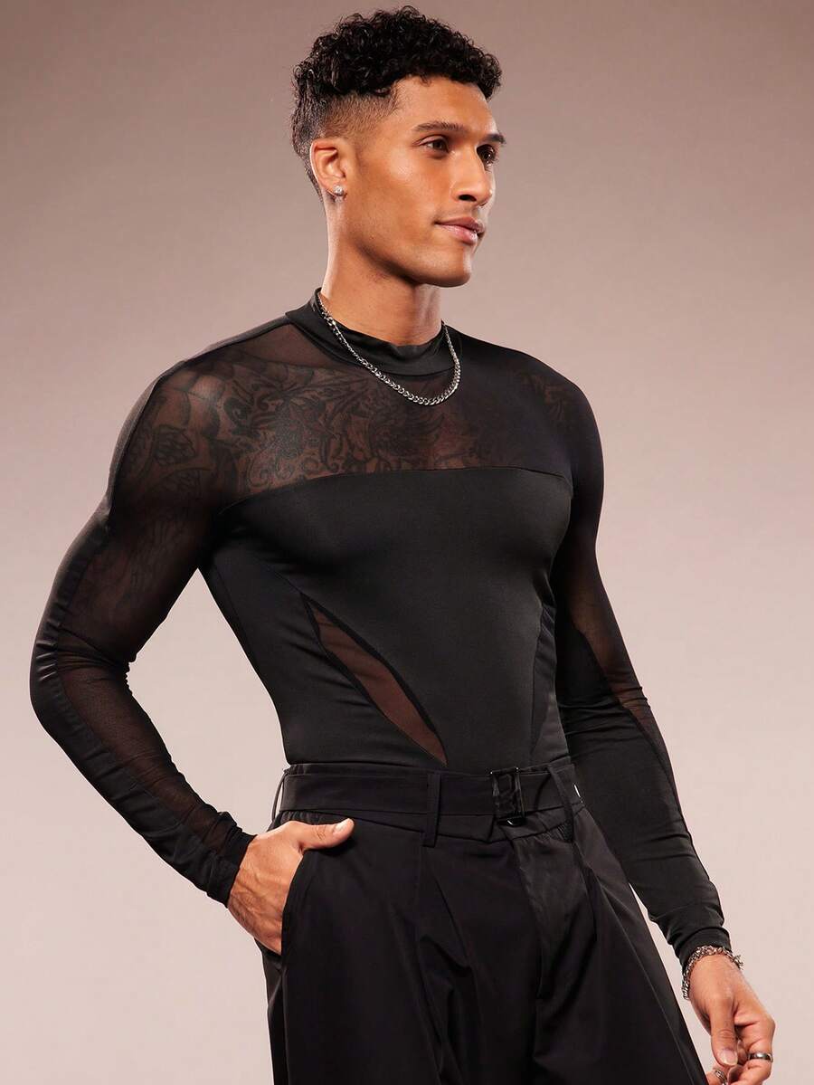 FeverCity 男士圆领长袖网眼拼接连体衣