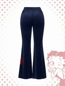 Betty Boop | ROMWE Bộ áo hoodie và quần nhung họa tiết Betty đính đá lấp lánh phong cách Y2K. - Màu xanh hải quân - Xem 9