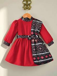 SHEIN Baby Girl Floral Retro Print Shawl Collar Casual Dress, Suitable For Daily, Vacation Wear, Spring/Autumn - Red - View 9