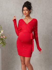 Momance Maternity Dress With Long Sleeves, V-Neck, Crossover Waistband, Pearl Embellished - Red - View 6