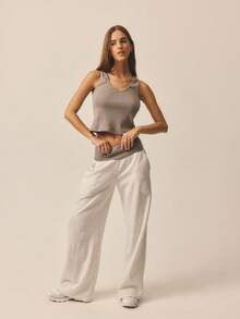 Aralina 女士低腰撞色罗纹宽腰带阔腿宽松运动裤，带口袋，灰色抓绒运动裤，舒适保暖日常休闲阔腿裤，可爱运动裤 - 灰色 - 查看 8