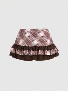 ROMWE Kawaii Cute Sweet Pink Plaid Patchwork Lace Trim Cake Skirt For Women - Multicolor - View 2